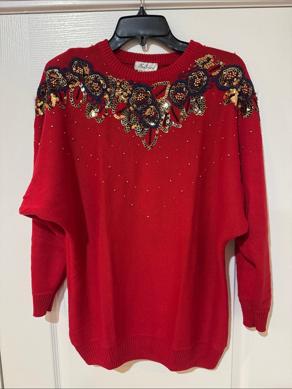 Vintage Sabree Red Embellished Women’s Sweater with Sequin Floral Detail